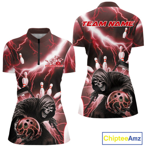 Custom Red Lightning Grim Reaper Bowling Women Quarter-Zip Shirt, Halloween Outfit IPHW9798