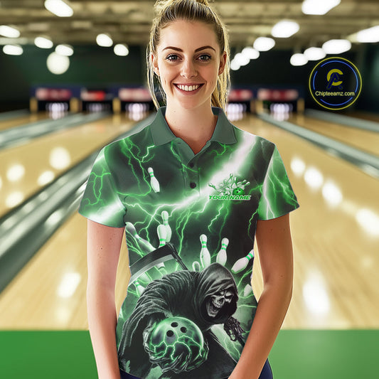 Custom Green Thunder Lightning Grim Reaper Bowling Women Polo Shirt, Halloween Outfit IPHW9800