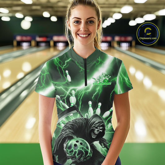Custom Green Lightning Grim Reaper Bowling Women Quarter-Zip Shirt, Halloween Outfit IPHW9800