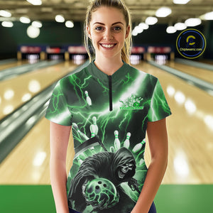 Custom Green Lightning Grim Reaper Bowling Women Quarter-Zip Shirt, Halloween Outfit IPHW9800