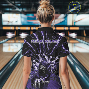 Custom Black And Purple Lightning Grim Reaper Bowling Women Polo Shirt, Halloween Outfit IPHW9805