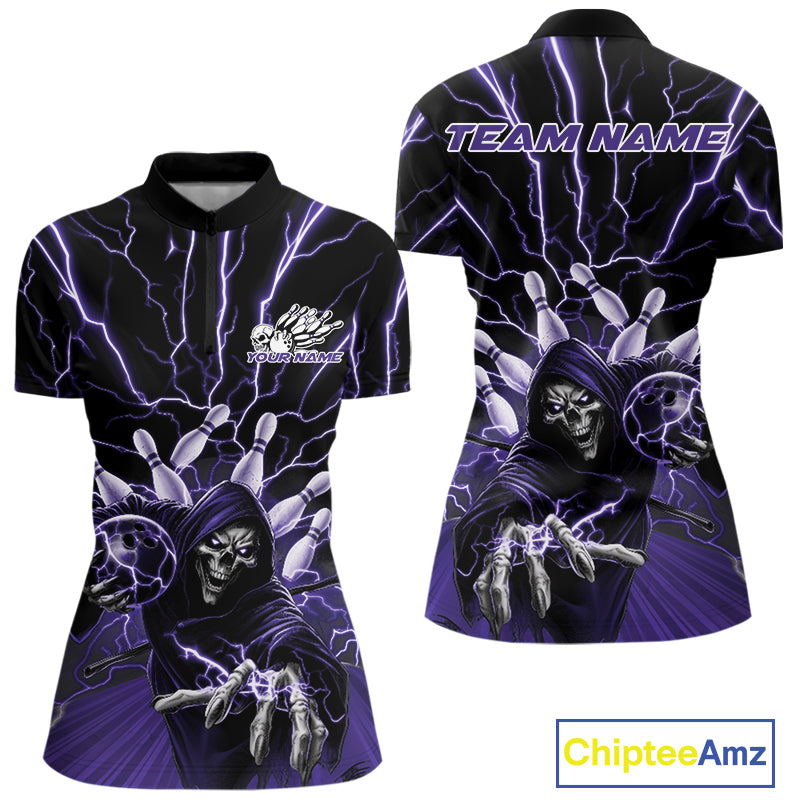 Custom Purple Lightning Grim Reaper Bowling Women Quarter-Zip Shirt, Halloween Outfit IPHW9805