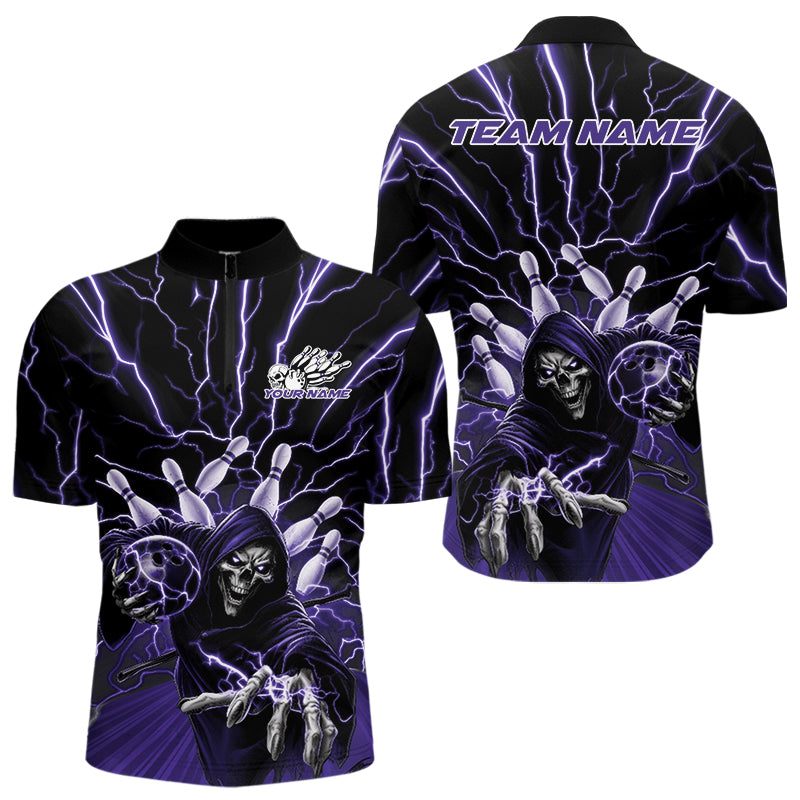 Custom Black And Purple Lightning Grim Reaper Bowling Men Quarter-Zip Shirt, Halloween Outfit IPHW9805