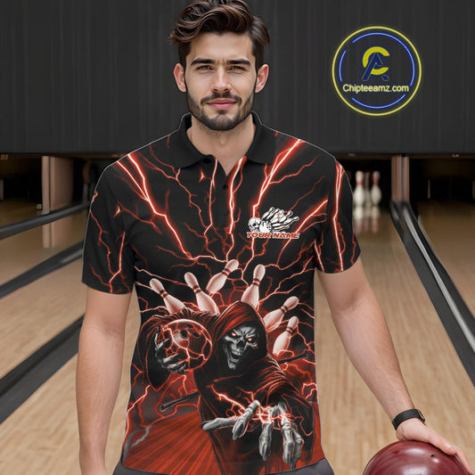 Custom Black And Red Lightning Grim Reaper Bowling Men Polo Shirt, Halloween Outfit IPHW9806