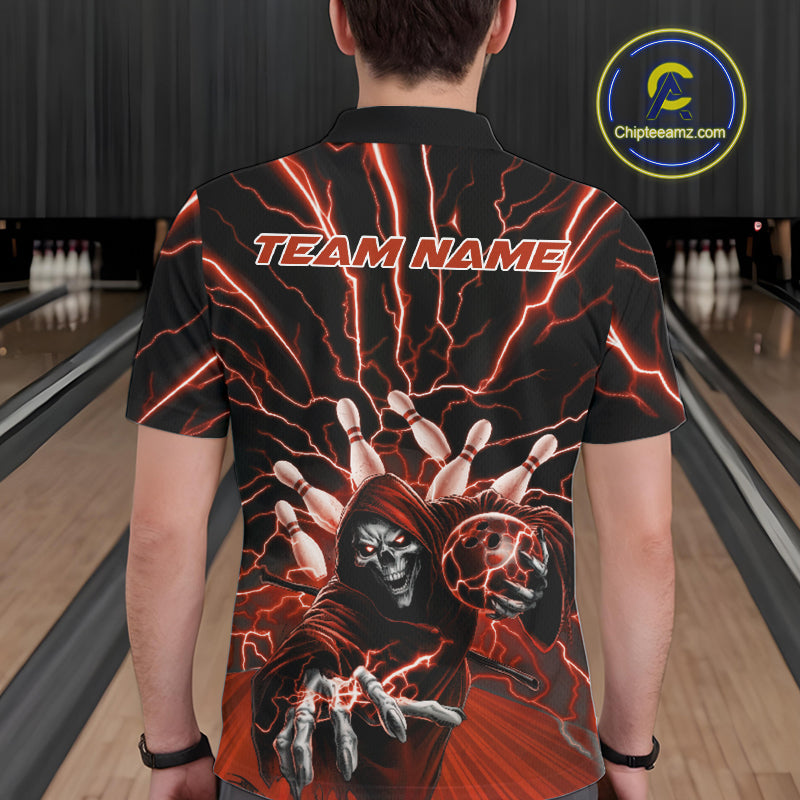 Custom Black And Red Lightning Grim Reaper Bowling Men Polo Shirt, Halloween Outfit IPHW9806