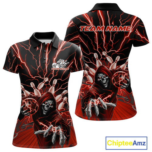Custom Black And Red Lightning Grim Reaper Bowling Women Polo Shirt, Halloween Outfit IPHW9806