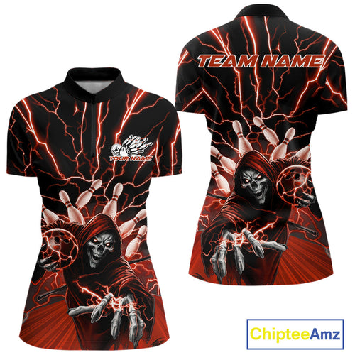 Custom Red Lightning Grim Reaper Bowling Women Quarter-Zip Shirt, Halloween Outfit IPHW9806