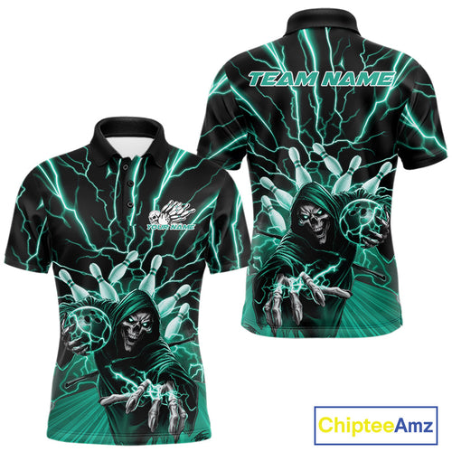 Custom Black And Green Lightning Grim Reaper Bowling Men Polo Shirt, Halloween Outfit IPHW9807