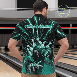 Custom Black And Green Lightning Grim Reaper Bowling Men Quarter-Zip Shirt, Halloween Outfit IPHW9807