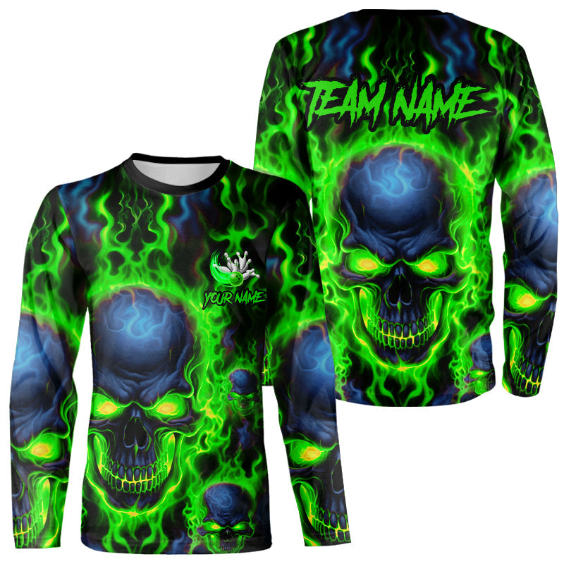 Custom Bowling Long Sleeve Shirts Men Green Flame Skull Team Bowling Jerseys Halloween Outfit IPHW5379