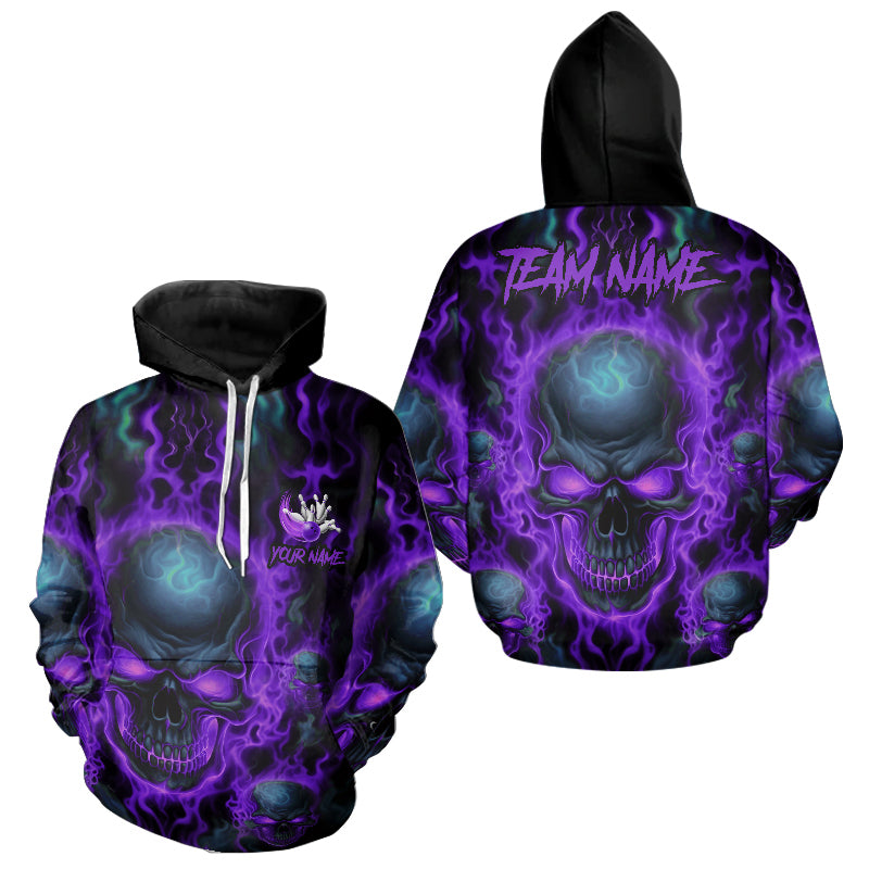 Custom Bowling Hoodie Shirts Men And Women Purple Flame Skull Team Bowling Jerseys Halloween Outfits IPHW5380