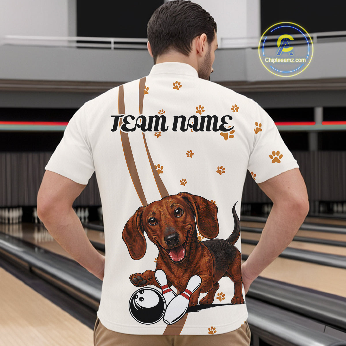 Custom Funny Dachshund Dog Men Bowling Team Shirt, Dog Lovers Bowling Uniform IPHW10213