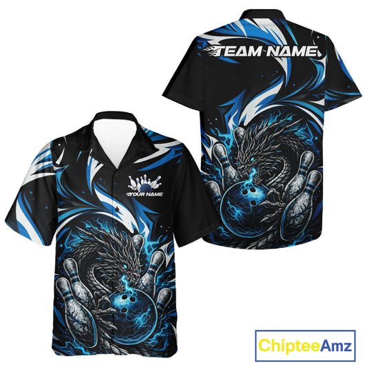 Custom Blue Lightning Dragon Bowling Men And Women Hawaiian Shirts, Dragon Bowling League Shirt IPHW10355