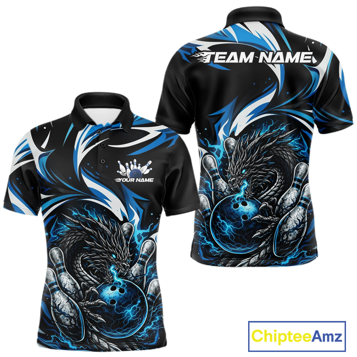 Custom Blue Lightning Dragon Bowling Men Polo Shirts, Dragon Bowling League Shirt IPHW10355