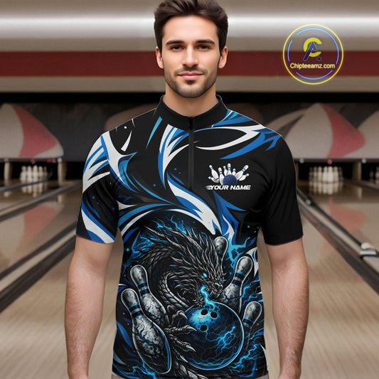 Custom Blue Lightning Dragon Bowling Men Quarter-Zip Shirts, Dragon Bowling League Shirt IPHW10355