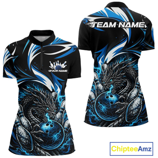 Custom Blue Lightning Dragon Bowling Women Quarter-Zip Shirts, Bowling League Shirt IPHW10355