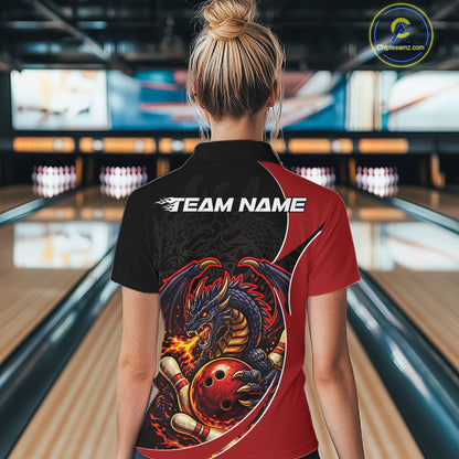 Custom Black And Red Fire Dragon Bowling Jerseys, Bowling Team Women Quarter-Zip Shirt IPHW10365