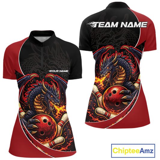 Custom Black And Red Fire Dragon Bowling Jerseys, Bowling Team Women Quarter-Zip Shirt IPHW10365
