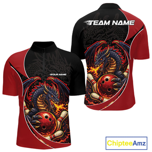 Custom Black And Red Fire Dragon Bowling Jerseys, Dragon Bowling Team Men Quarter-Zip Shirt IPHW10365