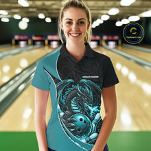 Load image into Gallery viewer, Custom Turquoise Blue Fire Dragon Bowling Jerseys, Dragon Bowling Team Women Polo Shirt IPHW10366