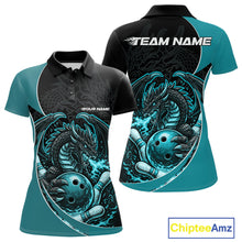 Load image into Gallery viewer, Custom Turquoise Blue Fire Dragon Bowling Jerseys, Dragon Bowling Team Women Polo Shirt IPHW10366