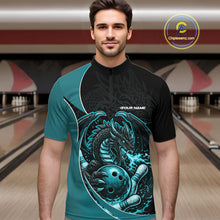 Load image into Gallery viewer, Custom Turquoise Blue Fire Dragon Bowling Jerseys, Dragon Bowling Team Men Quarter-Zip Shirt IPHW10366