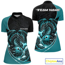 Load image into Gallery viewer, Custom Turquoise Blue Fire Dragon Bowling Jerseys, Bowling Team Women Quarter-Zip Shirt IPHW10366