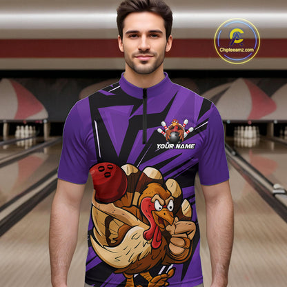 Custom Funny Turkey Bowling Shirts For Men, Purple Thanksgiving Bowling Shirt Team Uniform IPHW10679