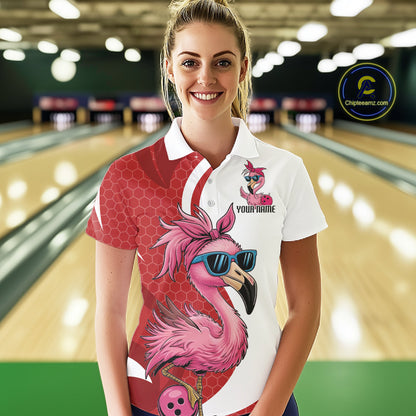 Custom Funny Red Flamingo Bowling Women Polo Shirt, Bowling League Bowlers Outfit IPHW10681