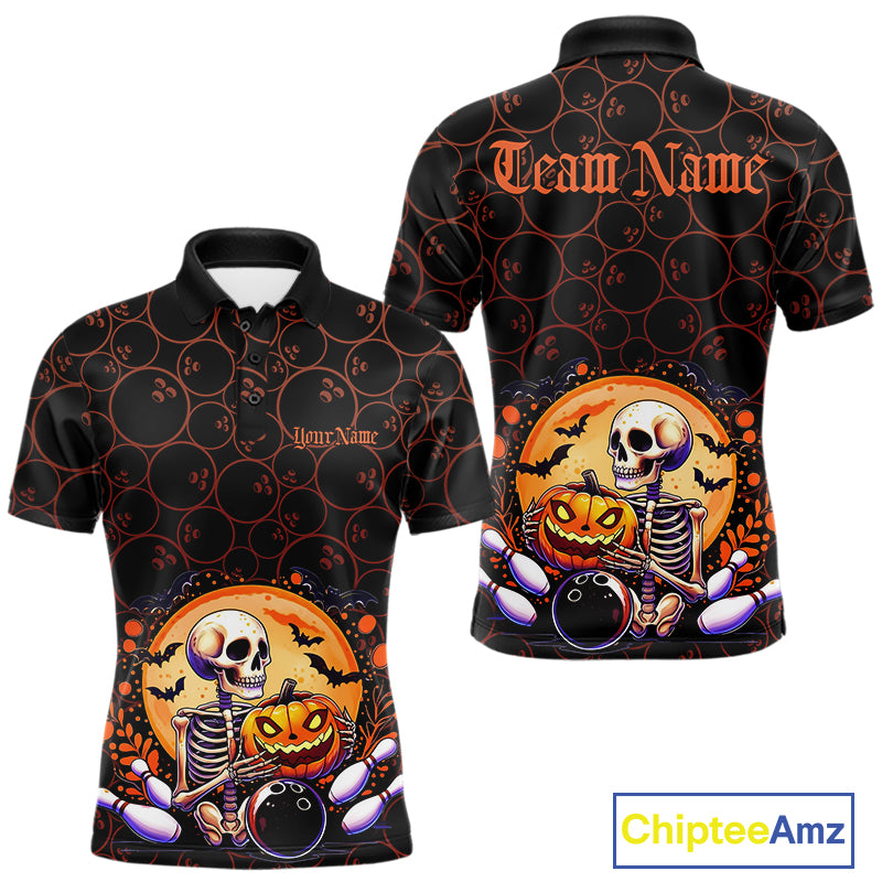 Custom Funny Skeleton Bowling Polo Shirts For Men, Halloween Bowling Team Outfit IPHW9604