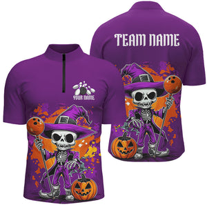 Custom Purple Funny Halloween Skeleton Bowling Shirts For Men, Bowling Team Outfits IPHW7650