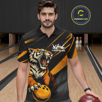 Personalized Tiger Bowling Team Men Polo Shirts, Black And Yellow Tiger Bowling Jerseys IPHW9022