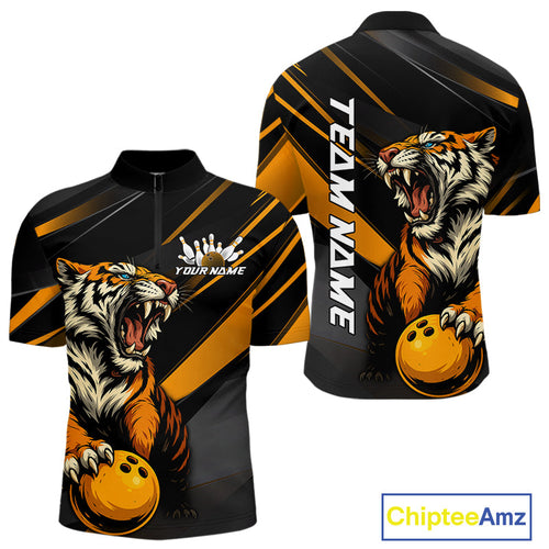 Personalized Tiger Bowling Team Men Quarter-Zip Shirts, Black And Yellow Tiger Bowling Jerseys IPHW9022
