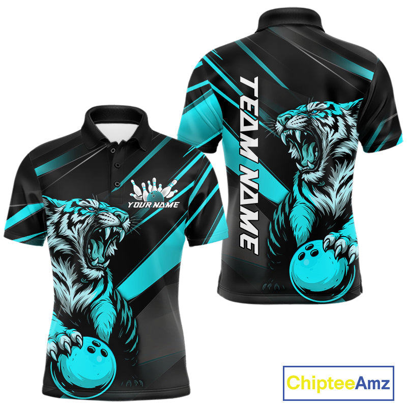 Personalized Tiger Bowling Team Men Polo Shirts, Black And Blue Tiger Bowling Jerseys IPHW9023