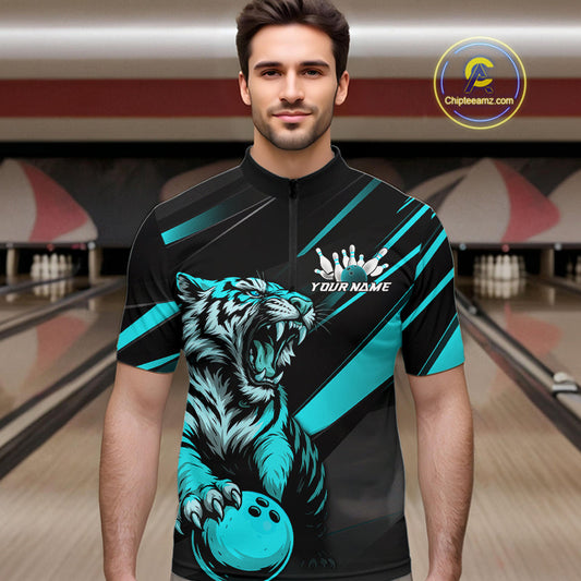 Personalized Tiger Bowling Team Men Quarter-Zip Shirts, Black And Blue Tiger Bowling Jerseys IPHW9023