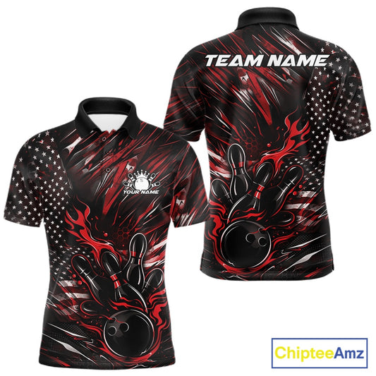 Front and back mockup of a black and red men’s bowling polo shirt showcasing a patriotic flaming bowling ball striking pins with American flag details.