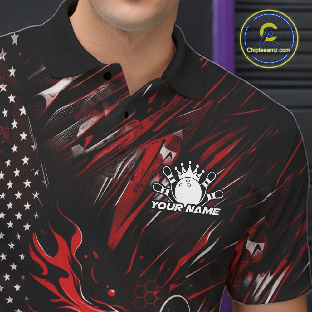 Close-up left chest view of a black and red bowling polo shirt featuring a patriotic bowling ball and pin graphic with flame effects.