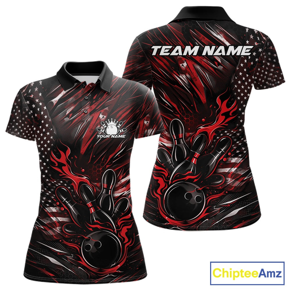 Front and back mockup of a black and red women’s bowling polo shirt showcasing a patriotic flaming bowling ball striking pins with American flag details.