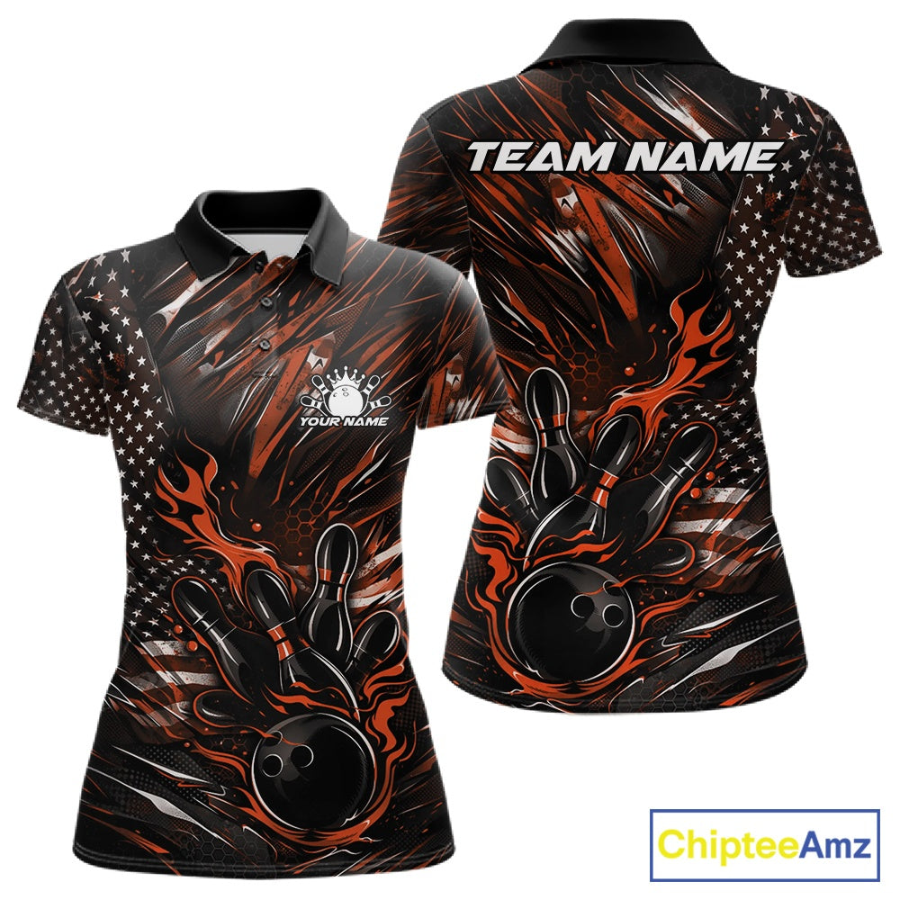 Front and back display of a black and orange women’s bowling polo shirt featuring a patriotic flaming bowling ball striking pins with flag-themed artwork.