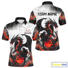 Load image into Gallery viewer, Front and back views of a custom mens bowling polo shirt featuring a red dragon and lightning strikes design.