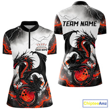 Load image into Gallery viewer, Front and back views of a custom womens quarter zip bowling shirt featuring a red dragon and lightning strikes design.
