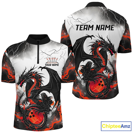 Front and back views of a custom mens quarter zip bowling shirt featuring a red dragon and lightning strikes design.