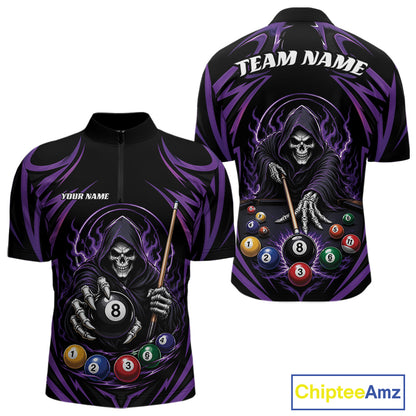 Custom Purple Grim Reaper Billiards Men Quarter Zip Shirt, Halloween Pool Team Outfit IPHW11769