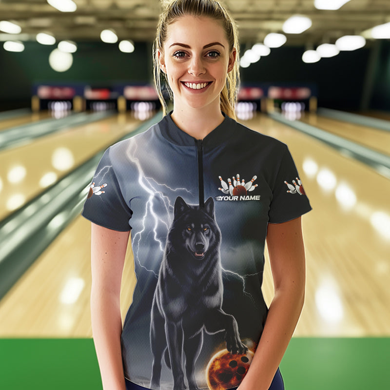 Custom Thunder Lightning Wolf Bowling Quarter-Zip Shirts For Women, Wolf Bowling Jerseys IPHW8307