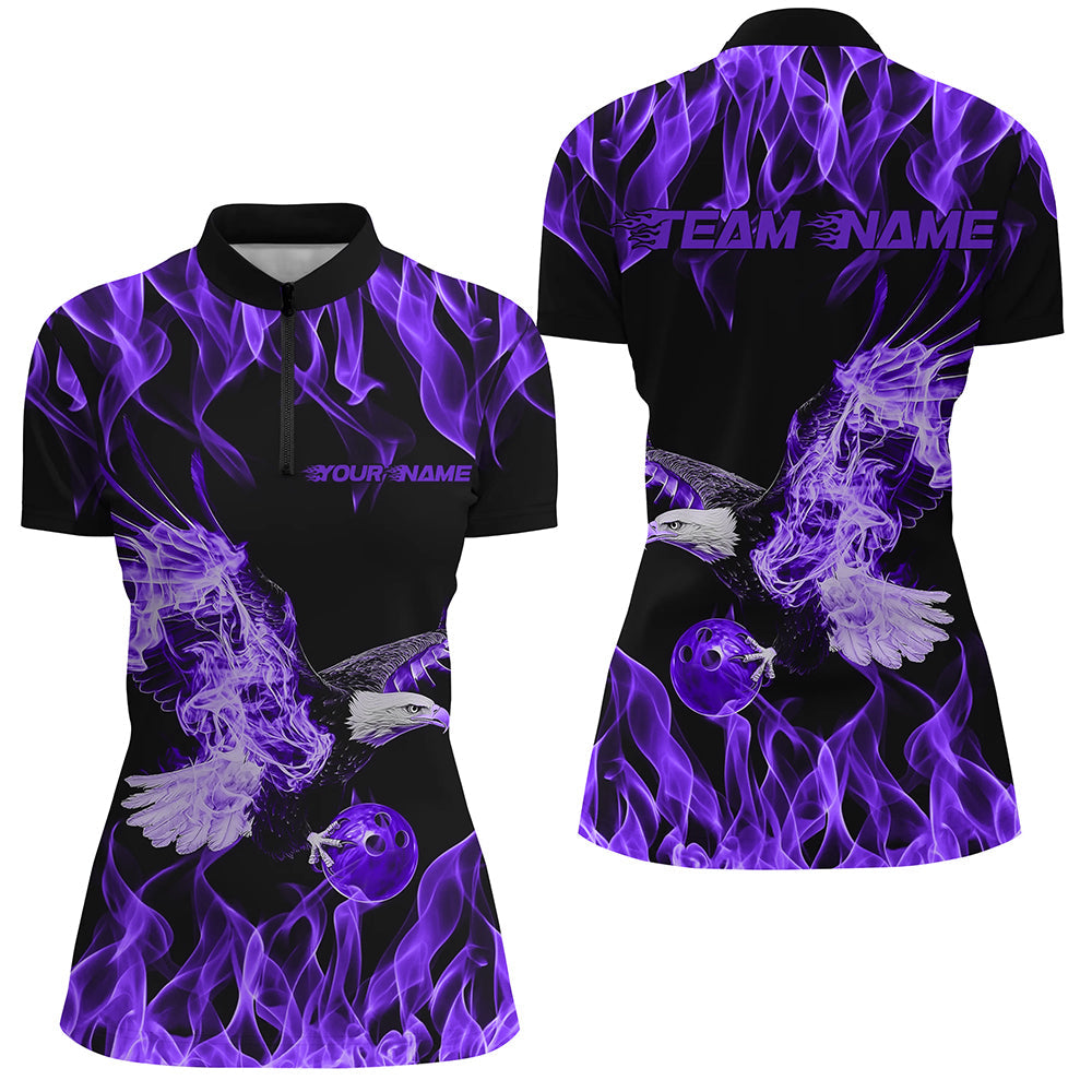 Custom Black And Purple Flame Eagle Bowling Women Quarter-Zip Shirts, Bowling League Shirt IPHW8790