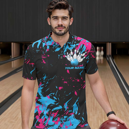 Black, Blue And Pink Custom Bowling Team Men Polo Shirts, Bowling Ball And Pin Jerseys IPHW8795