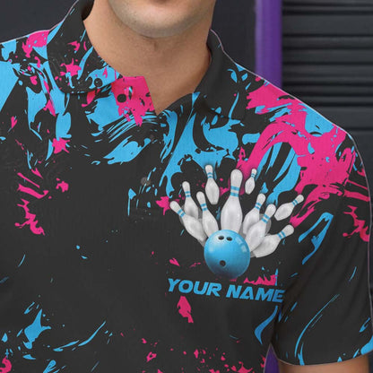 Black, Blue And Pink Custom Bowling Team Men Polo Shirts, Bowling Ball And Pin Jerseys IPHW8795