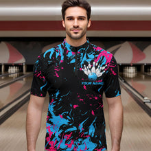 Load image into Gallery viewer, Black, Blue And Pink Custom Bowling Team Men Quarter-Zip Shirts, Bowling Ball And Pin Jerseys IPHW8795