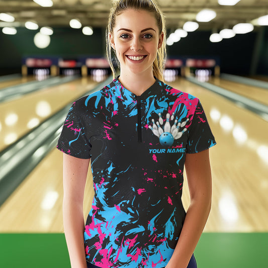 Black, Blue And Pink Custom Bowling Women Quarter-Zip Shirts, Bowling Ball And Pin Jerseys IPHW8795