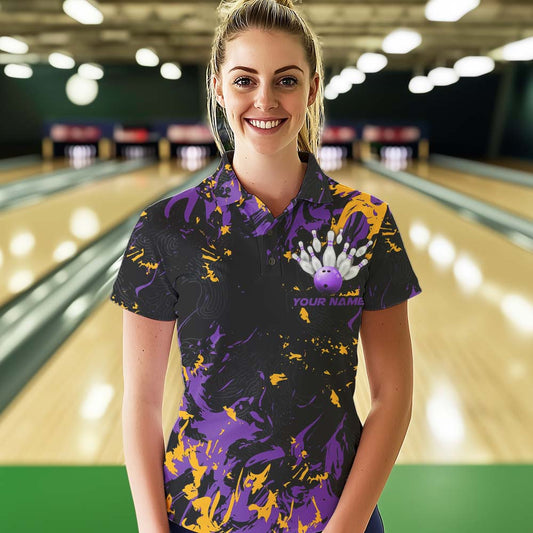Black, Purple And Yellow Custom Bowling Team Women Polo Shirt, Bowling Ball And Pin Jerseys IPHW8797